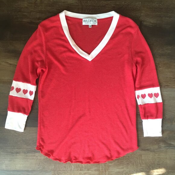 Wildfox Shirt Top Red Graphic Hearts Waffle Knit Thermal V Neck Ruffle Hem XS - Picture 8 of 10